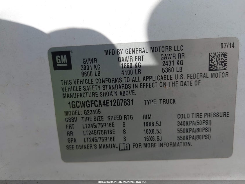 2014 Chevrolet Express 2500 Work Van VIN: 1GCWGFCA4E1207831 Lot: 45623531