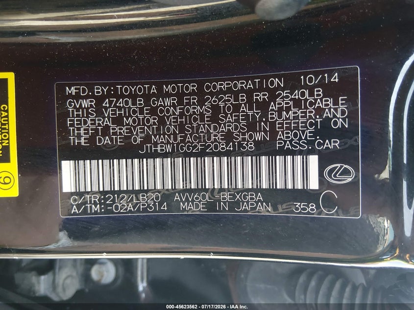 2015 Lexus Es 300H VIN: JTHBW1GG2F2084138 Lot: 45623562