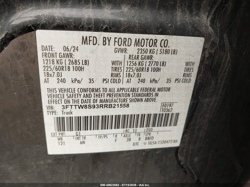 2024 Ford Maverick Lariat VIN: 3FTTW8S93RRB21558 Lot: 45623582
