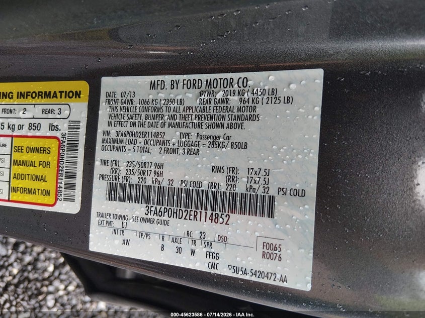 2014 FORD FUSION SEDAN 1.5L I4 FI DOHC 16V NF4