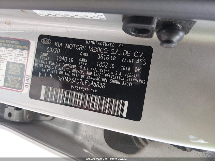 2020 Kia Rio 5-Door S VIN: 3KPA25AD7LE348838 Lot: 45623602