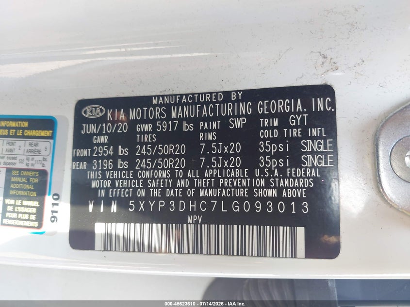 2020 Kia Telluride Ex VIN: 5XYP3DHC7LG093013 Lot: 45623610