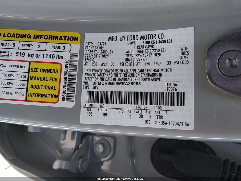 2021 Ford Bronco Sport Big Bend VIN: 3FMCR9B69MRA36988 Lot: 45623611