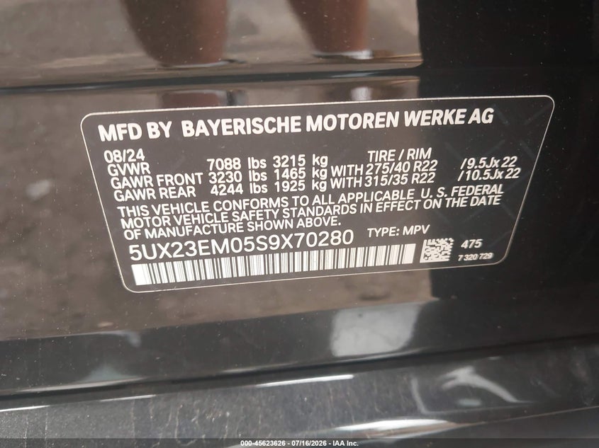 2025 BMW X7 xDrive40I VIN: 5UX23EM05S9X70280 Lot: 45623626