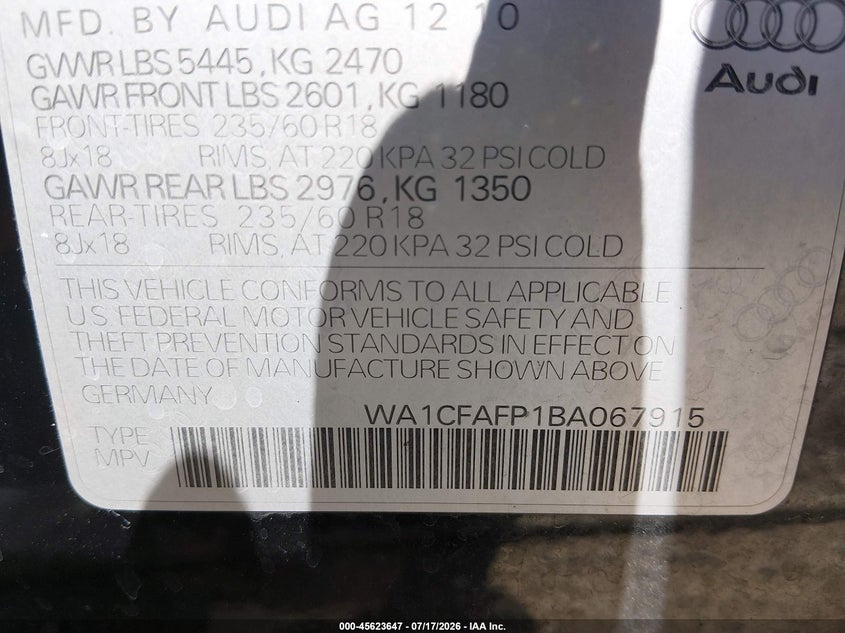 2011 Audi Q5 2.0T Premium VIN: WA1CFAFP1BA067915 Lot: 45623647
