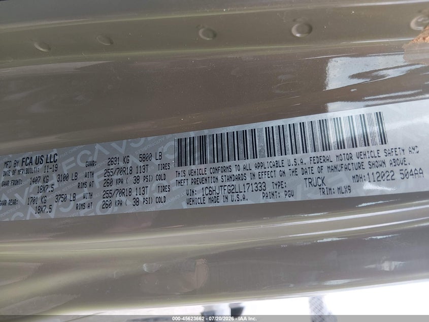 2020 Jeep Gladiator Overland 4X4 VIN: 1C6HJTFG2LL171333 Lot: 45623662