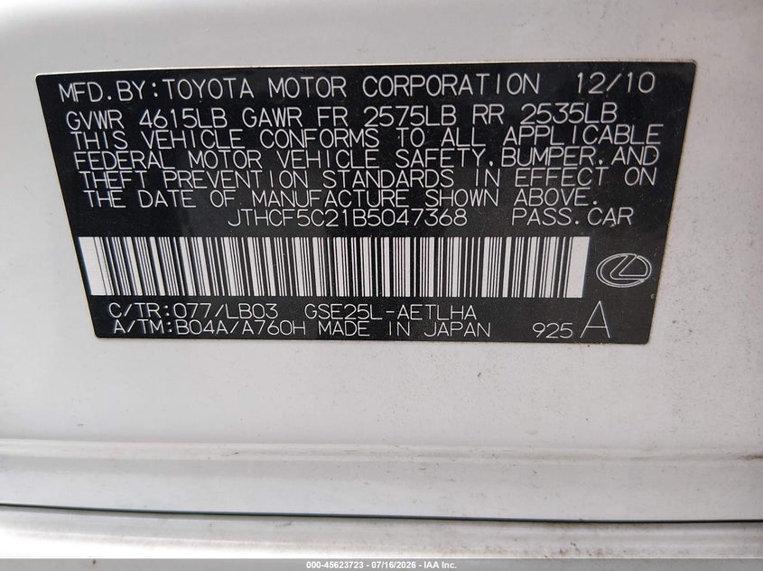 2011 Lexus Is 250 VIN: JTHCF5C21B5047368 Lot: 45623723