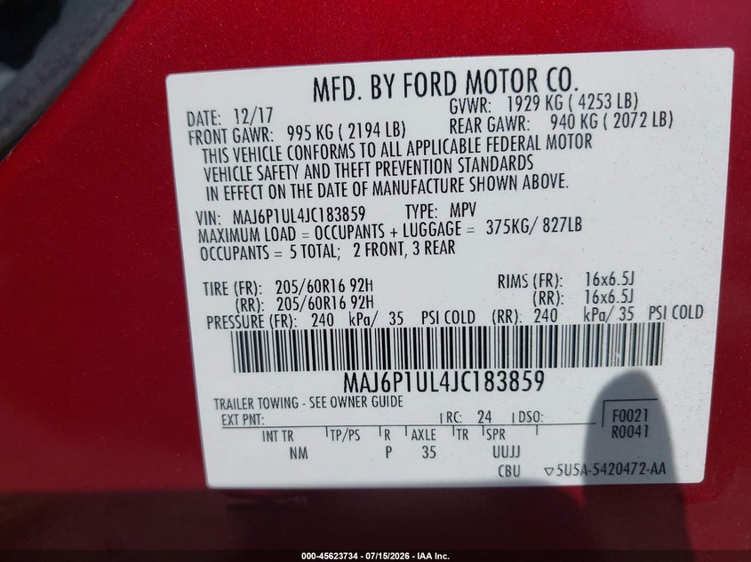 2018 Ford Ecosport Se VIN: MAJ6P1UL4JC183859 Lot: 45623734