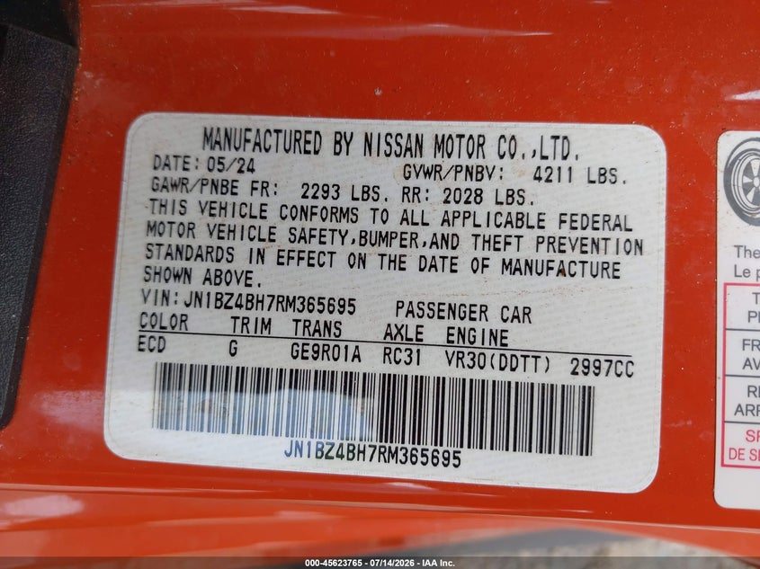 2024 Nissan Z Performance Auto VIN: JN1BZ4BH7RM365695 Lot: 45623765