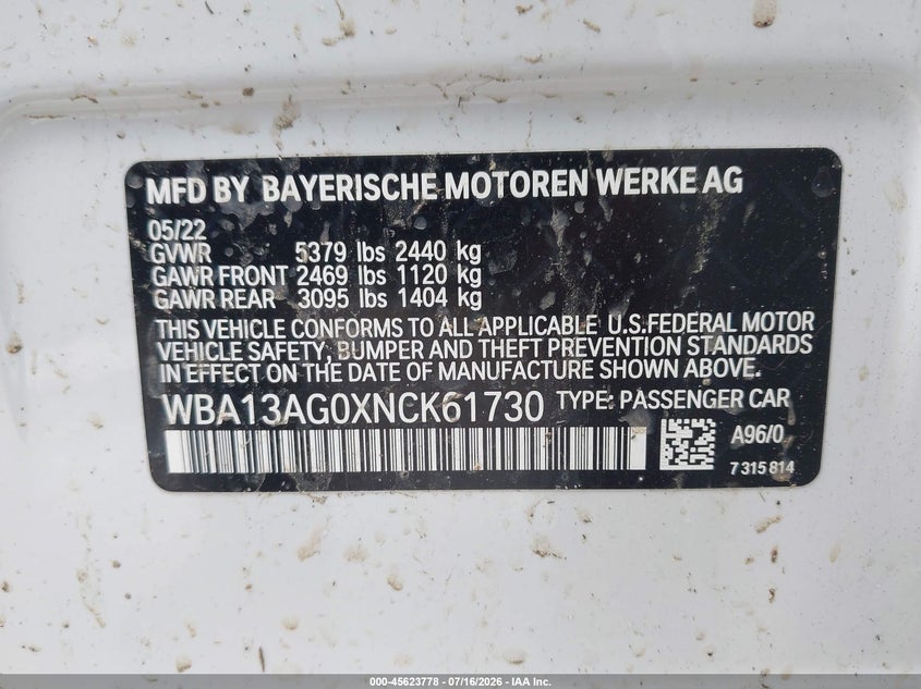 2022 BMW 530E VIN: WBA13AG0XNCK61730 Lot: 45623778
