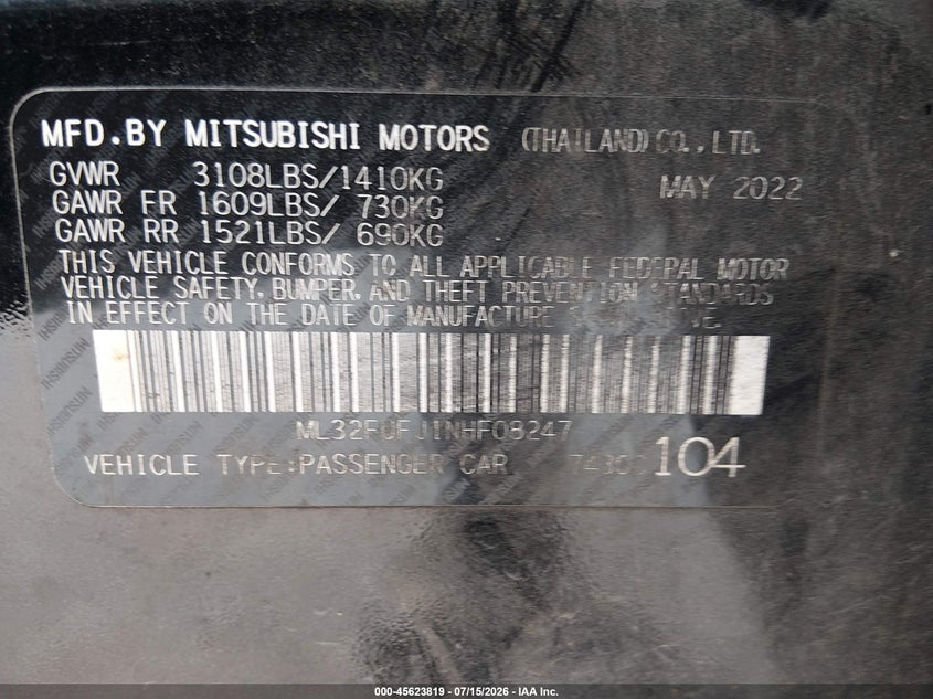 2022 Mitsubishi Mirage G4 Black Edition/Es/Le VIN: ML32FUFJ1NHF08247 Lot: 45623819
