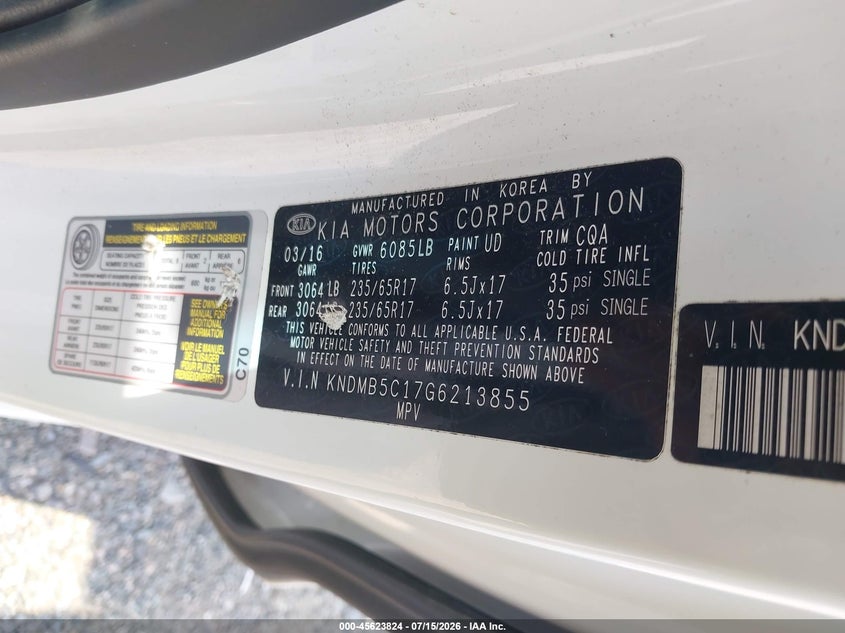2016 Kia Sedona Lx VIN: KNDMB5C17G6213855 Lot: 45623824