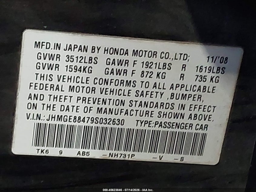 2009 Honda Fit Sport VIN: JHMGE88479S032630 Lot: 45623846