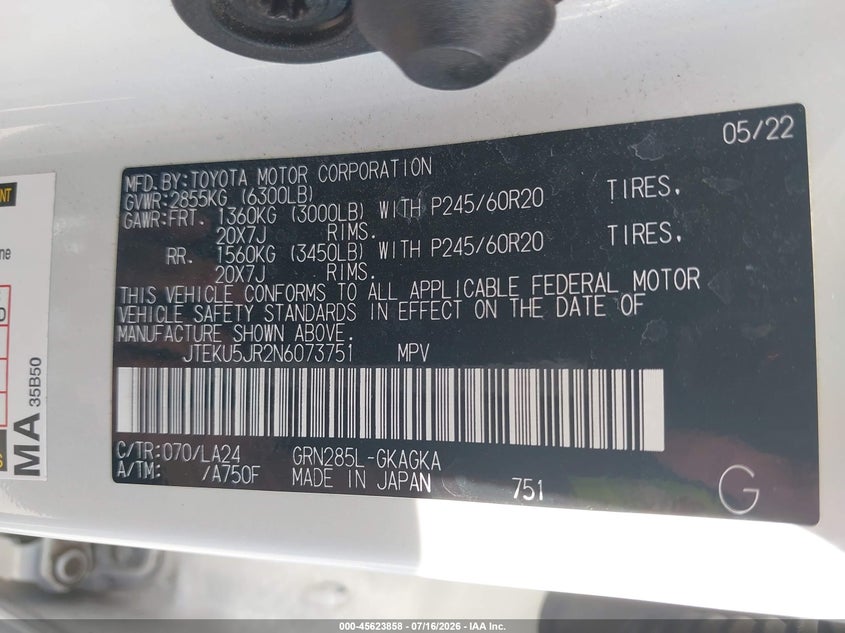 2022 Toyota 4Runner Limited VIN: JTEKU5JR2N6073751 Lot: 45623858