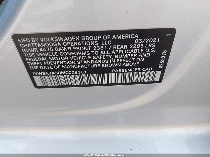 2021 Volkswagen Passat 2.0T Se VIN: 1VWSA7A30MC008351 Lot: 45623862