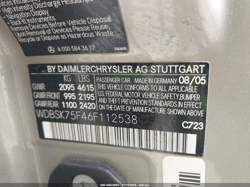 2006 Mercedes-Benz Sl 500 VIN: WDBSK75F46F112538 Lot: 45623863