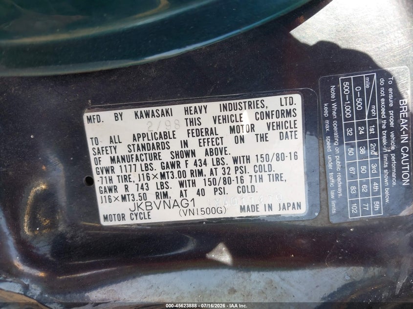 1999 Kawasaki Vn1500 G VIN: JKBVNAG11XA011479 Lot: 45623888
