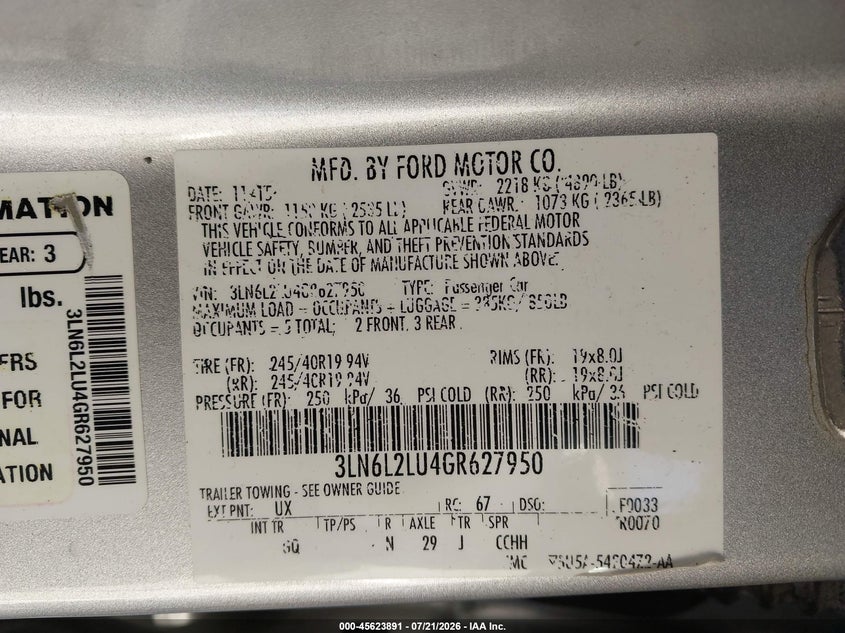 2016 Lincoln Mkz Hybrid VIN: 3LN6L2LU4GR627950 Lot: 45623891