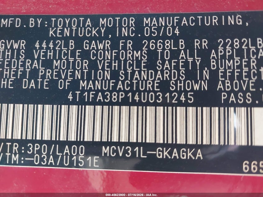 2004 Toyota Camry Solara Sle VIN: 4T1FA38P14U031245 Lot: 45623900