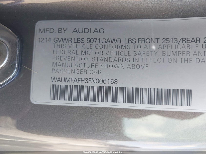 2015 Audi A5 2.0T Premium VIN: WAUMFAFH3FN006158 Lot: 45623948