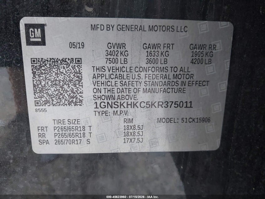 2019 Chevrolet Suburban Lt VIN: 1GNSKHKC5KR375011 Lot: 45623960