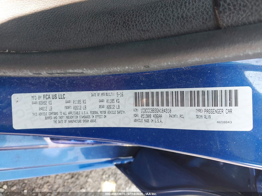 2016 Chrysler 200 S VIN: 1C3CCCBB3GN184310 Lot: 45623971