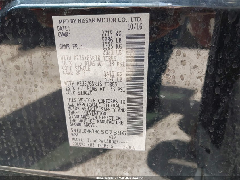2017 Infiniti Qx60 VIN: 5N1DL0MN3HC507396 Lot: 45623989