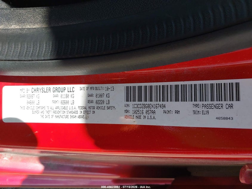2014 Dodge Avenger R/T VIN: 1C3CDZBG8EN167494 Lot: 45623992