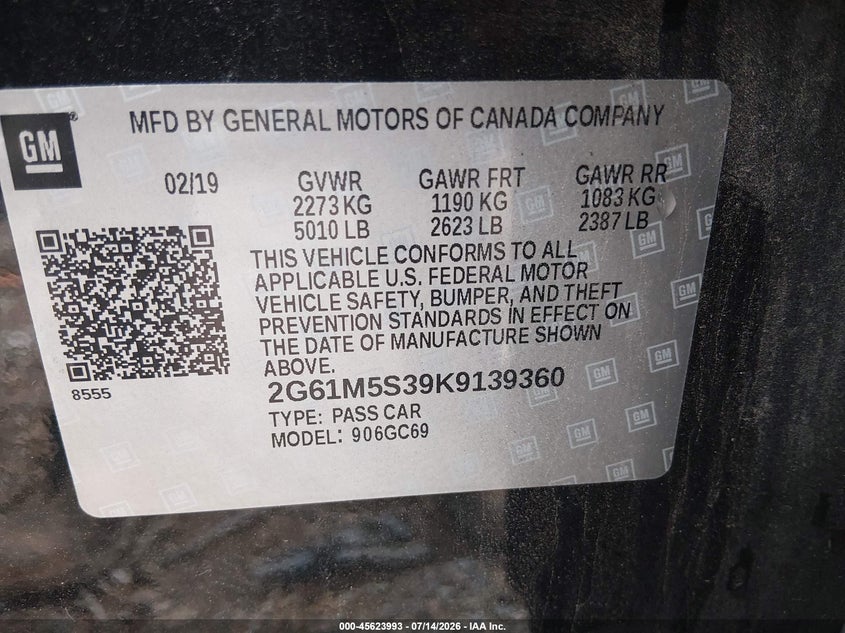 2019 Cadillac Xts Luxury VIN: 2G61M5S39K9139360 Lot: 45623993