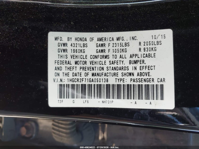 2016 Honda Accord Ex VIN: 1HGCR2F71GA050138 Lot: 45624022