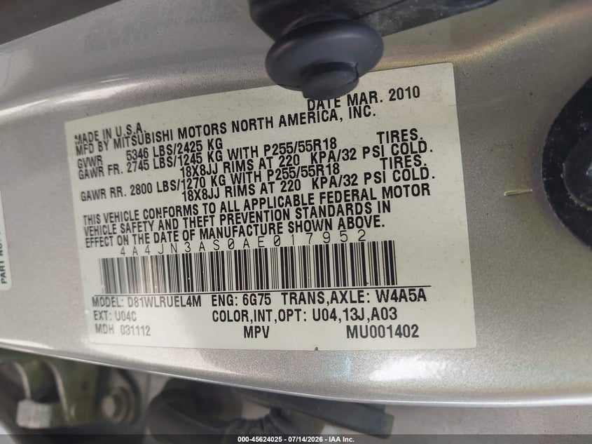 2010 Mitsubishi Endeavor Se VIN: 4A4JN3AS0AE017952 Lot: 45624025