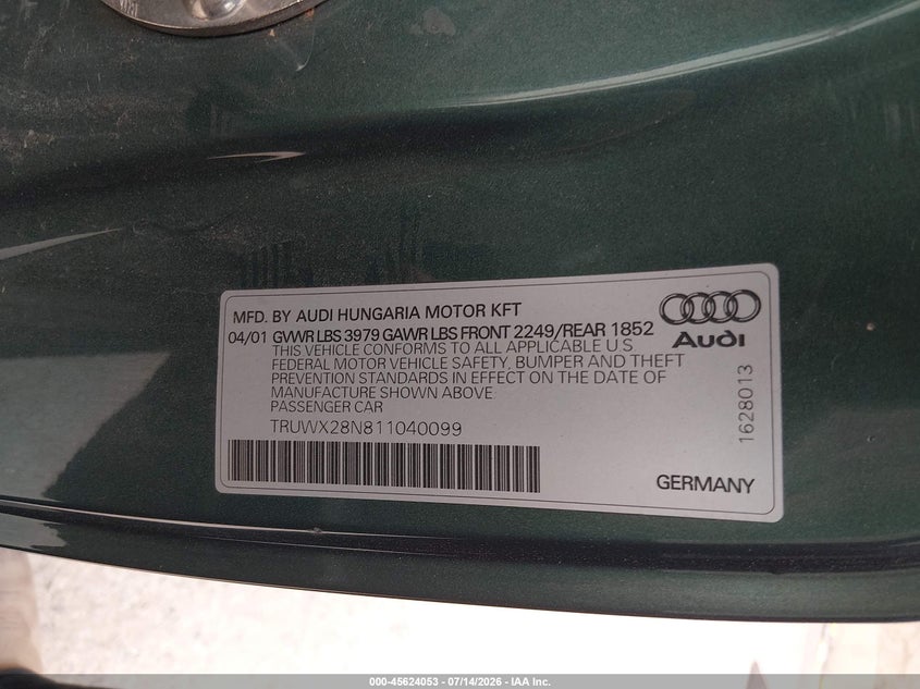 2001 Audi Tt VIN: TRUWX28N811040099 Lot: 45624053