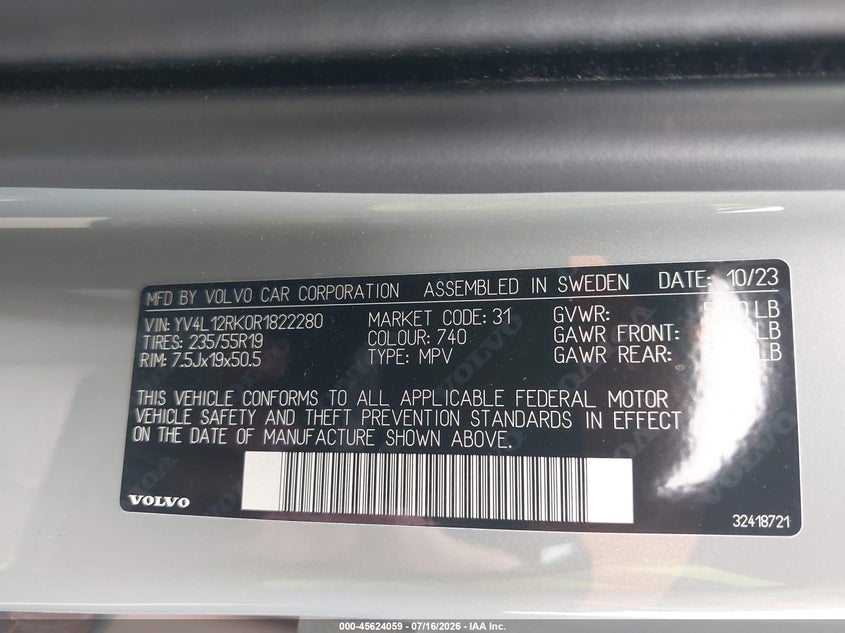 2024 Volvo Xc60 B5 Core Dark Theme VIN: YV4L12RK0R1822280 Lot: 45624059