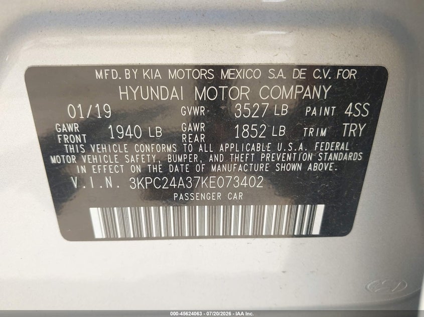 2019 Hyundai Accent Se VIN: 3KPC24A37KE073402 Lot: 45624063