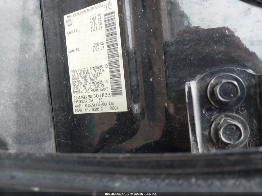 2022 Nissan Maxima Sr Xtronic Cvt VIN: 1N4AA6EV2NC501833 Lot: 45624077
