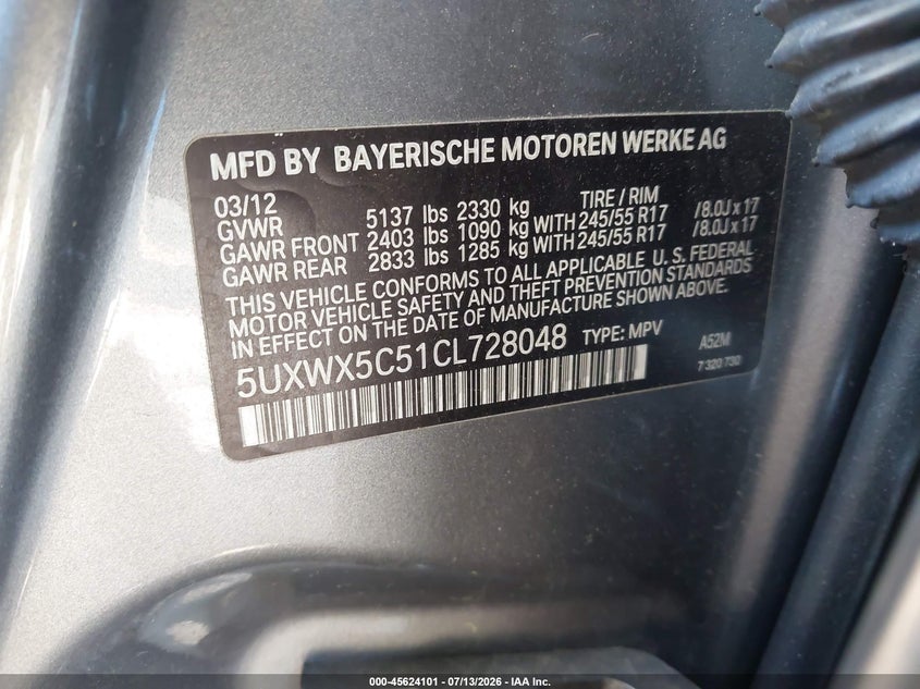 2012 BMW X3 xDrive28I VIN: 5UXWX5C51CL728048 Lot: 45624101