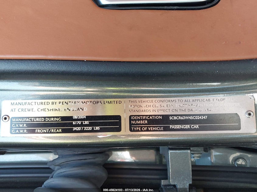 2005 Bentley Continental Gt VIN: SCBCR63W45C024347 Lot: 45624103