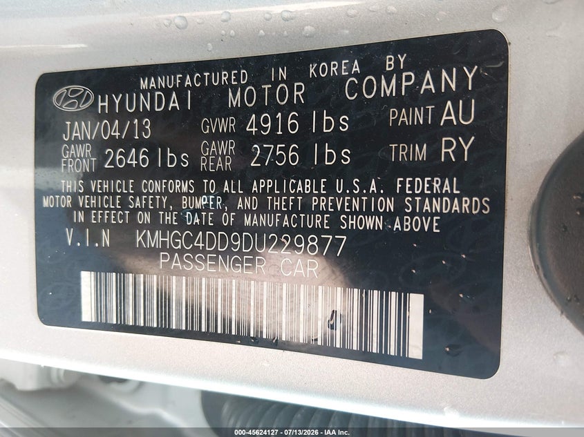2013 Hyundai Genesis 3.8 VIN: KMHGC4DD9DU229877 Lot: 45624127