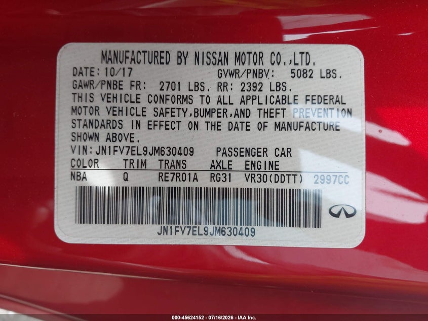2018 Infiniti Q60 3.0T Red Sport 400 VIN: JN1FV7EL9JM630409 Lot: 45624152
