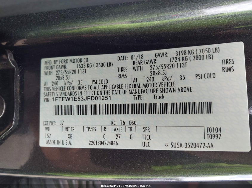 2018 Ford F150 Supercrew VIN: 1FTFW1E53JFD01251 Lot: 45624171