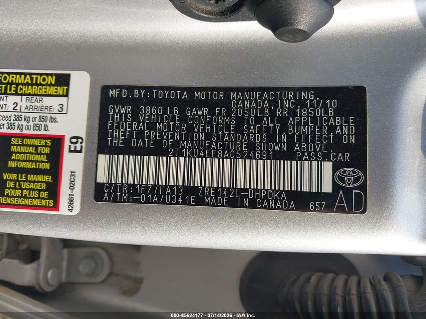 2010 Toyota Matrix VIN: 2T1KU4EE8AC524691 Lot: 45624177
