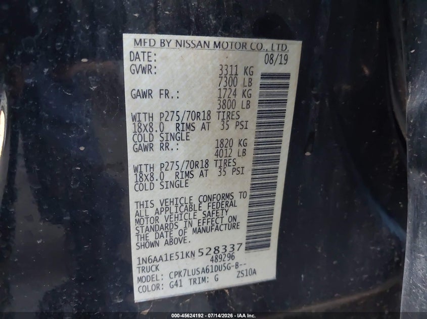 2019 Nissan Titan Pro-4X VIN: 1N6AA1E51KN528337 Lot: 45624192
