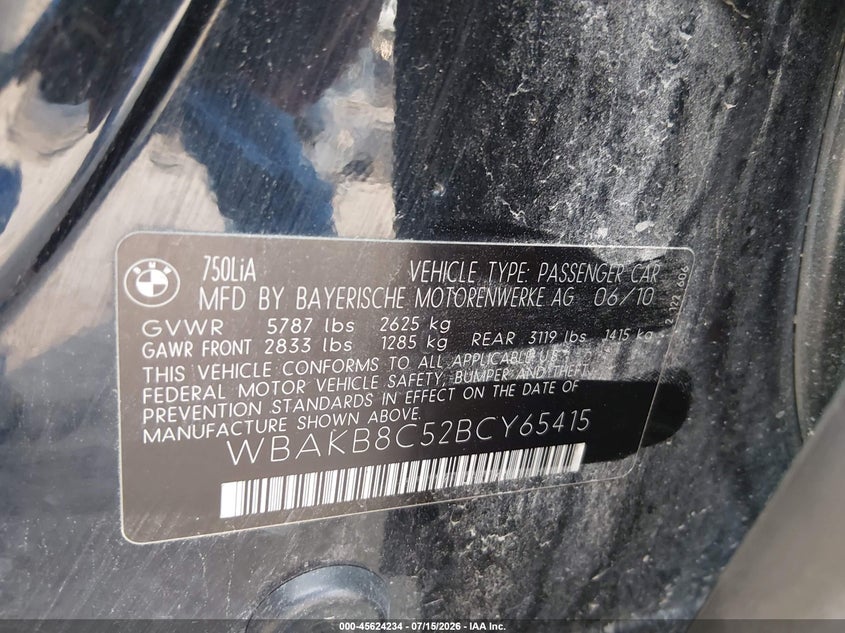 2011 BMW 750Li VIN: WBAKB8C52BCY65415 Lot: 45624234