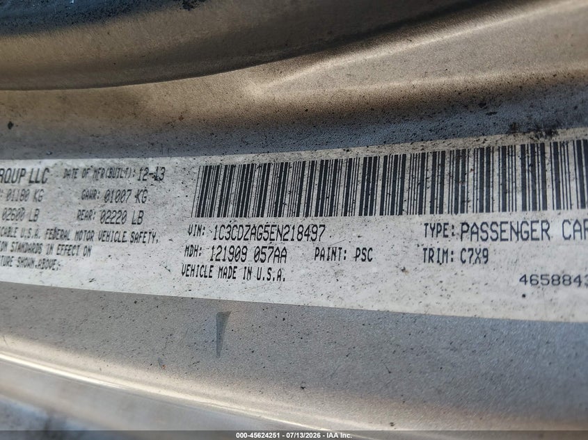 2014 Dodge Avenger Se VIN: 1C3CDZAG5EN218497 Lot: 45624251