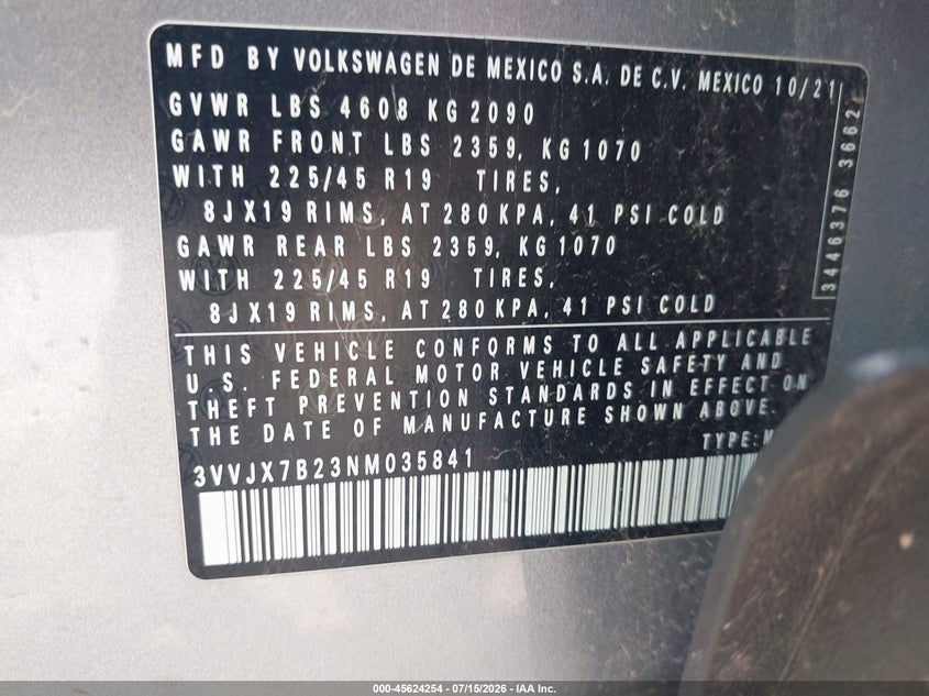 2022 Volkswagen Taos 1.5T Sel VIN: 3VVJX7B23NM035841 Lot: 45624254