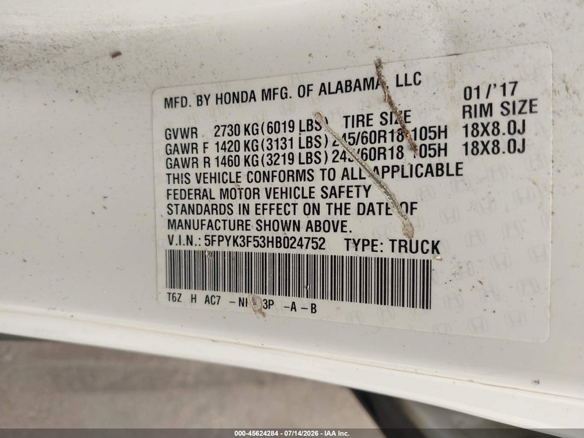 2017 Honda Ridgeline Rtl VIN: 5FPYK3F53HB024752 Lot: 45624284