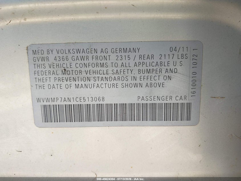 2012 Volkswagen Cc Sport VIN: WVWMP7AN1CE513068 Lot: 45624304