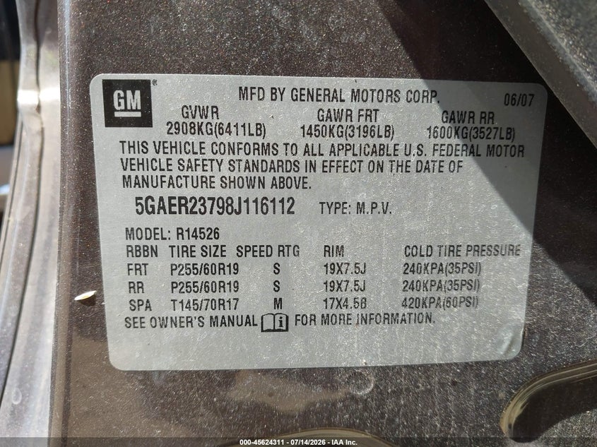 2008 Buick Enclave Cxl VIN: 5GAER23798J116112 Lot: 45624311