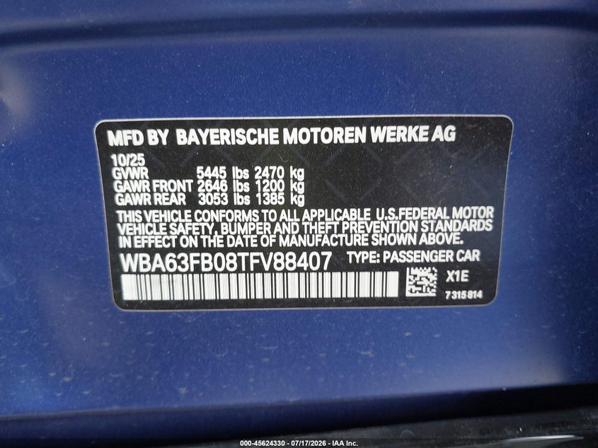 2026 BMW M440I Gran Coupe xDrive VIN: WBA63FB08TFV88407 Lot: 45624330