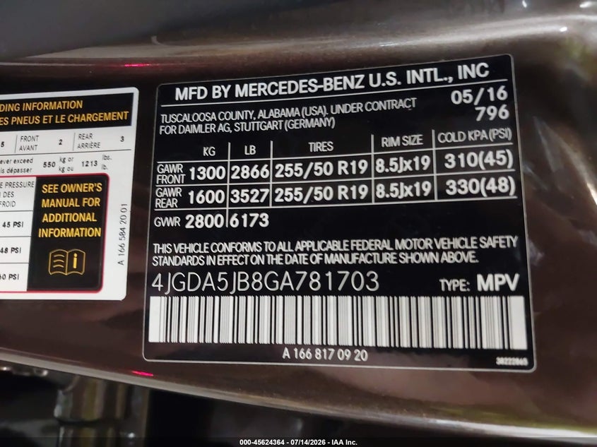 2016 Mercedes-Benz Gle 350 VIN: 4JGDA5JB8GA781703 Lot: 45624364